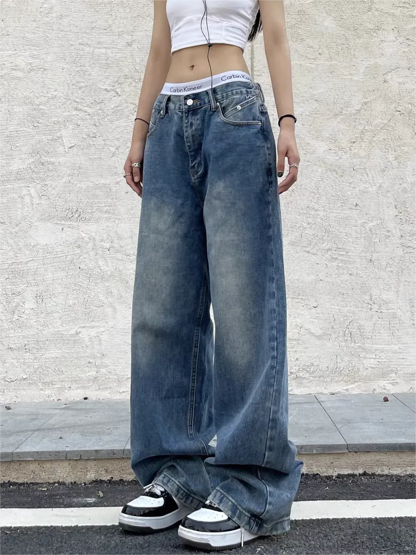 Wenkouban Vintage blue boyfriend jeans with washed effect