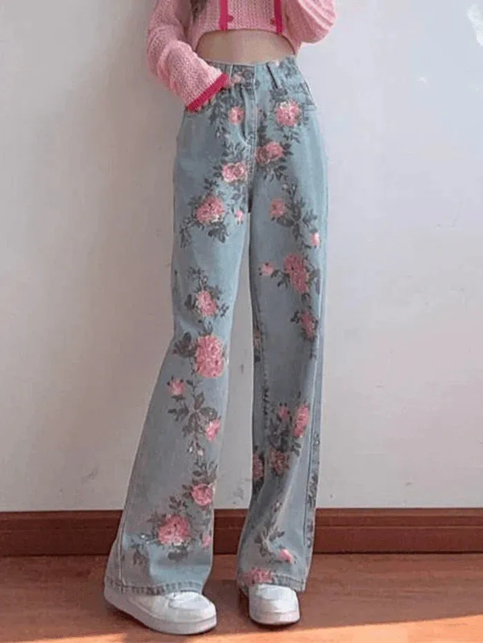 Wenkouban Y2K High Waisted Floral Boyfriend Jeans