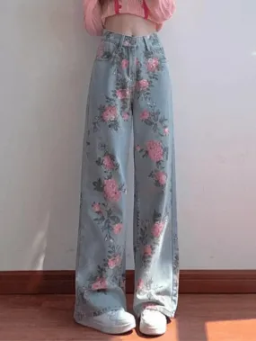 Wenkouban Y2K High Waisted Floral Boyfriend Jeans