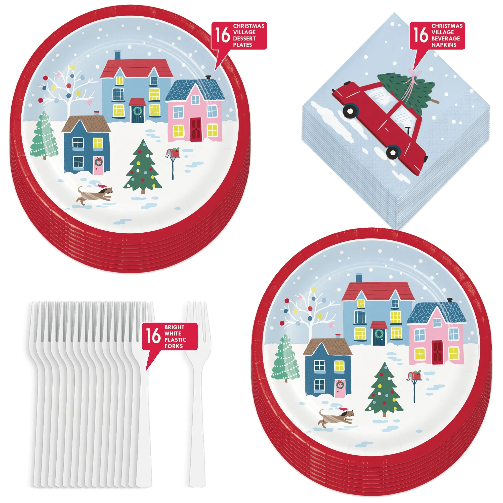 Winter Christmas Village Paper Dessert Plates, Beverage Napkins, and Forks (Serves 16)