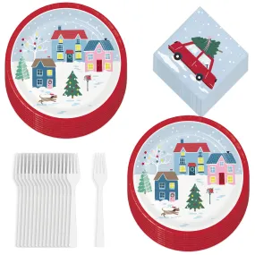 Winter Christmas Village Paper Dessert Plates, Beverage Napkins, and Forks (Serves 16)