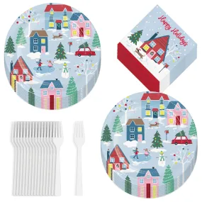 Winter Christmas Village Paper Dinner Plates, Lunch Napkins, and Forks (Serves 16)