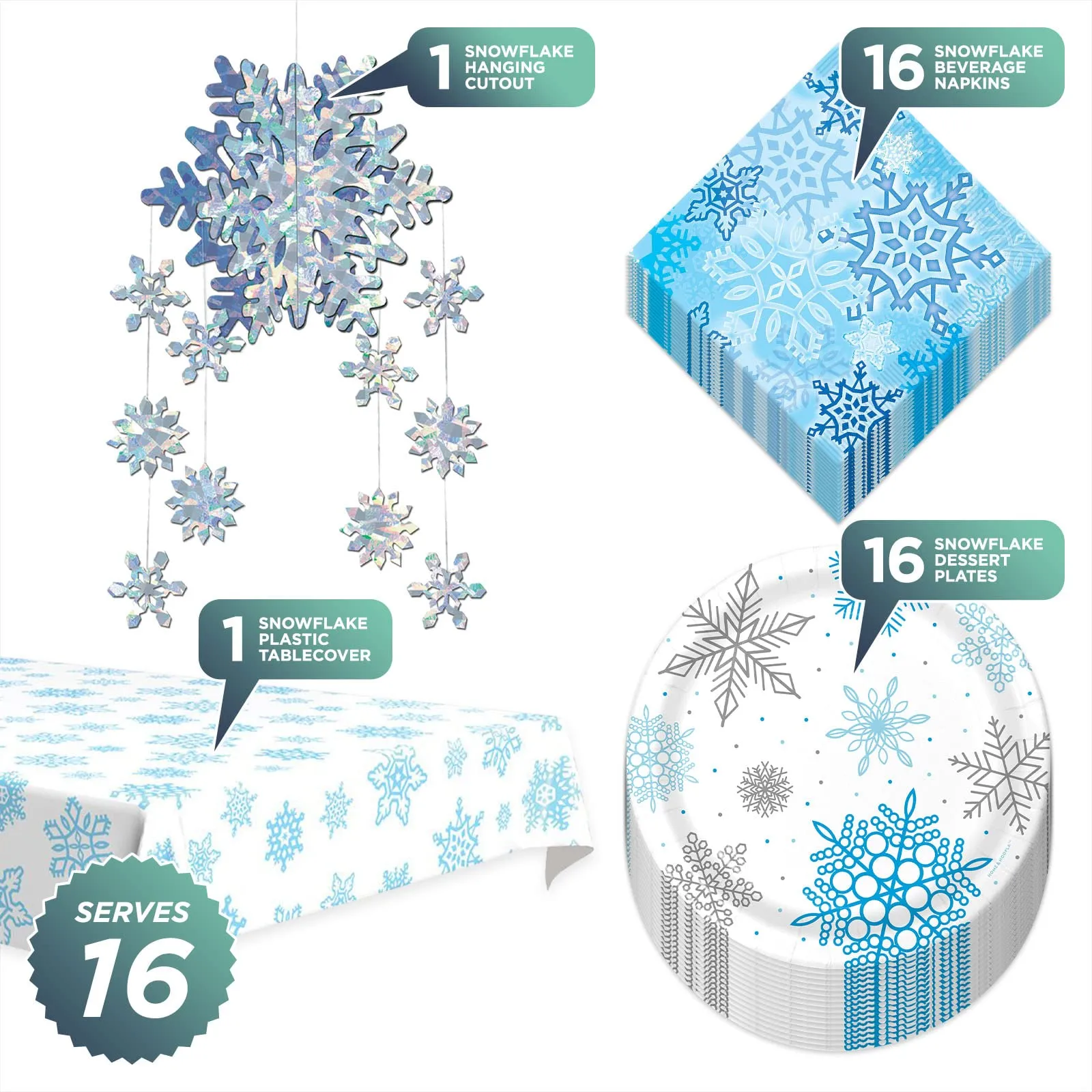 Winter Snowflake Dessert Paper Plates, Napkins, Table Cover, and Metallic Hanging Cutouts - Frozen Party Decorations and Snow Princess Party Supplies (Serves 16)