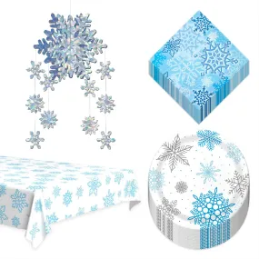 Winter Snowflake Dessert Paper Plates, Napkins, Table Cover, and Metallic Hanging Cutouts - Frozen Party Decorations and Snow Princess Party Supplies (Serves 16)