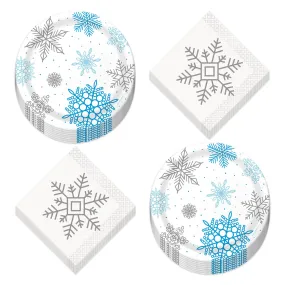 Winter Snowflake Paper Dessert Plates and Silver Snowflake Beverage Napkins (Serves 16)