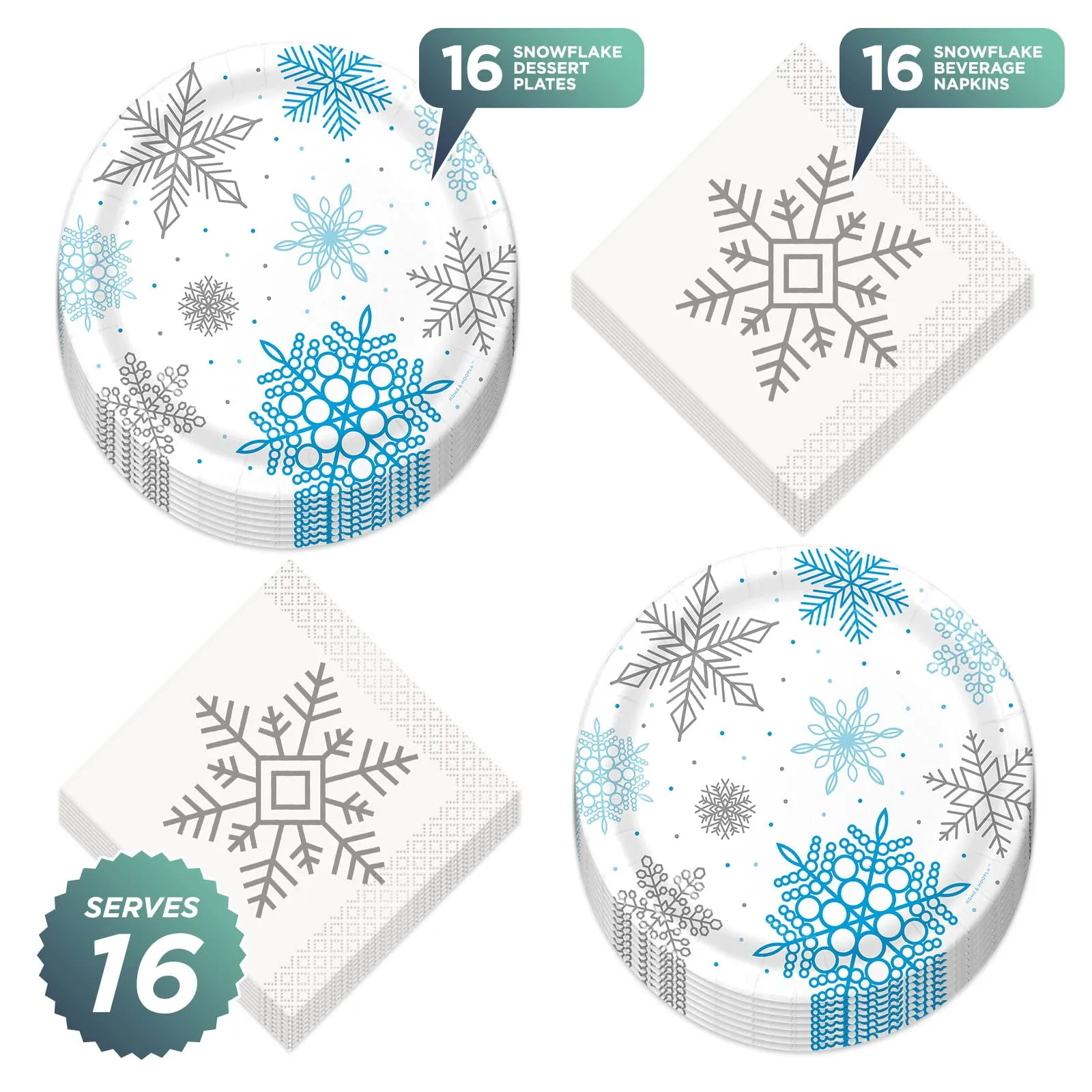 Winter Snowflake Paper Dessert Plates and Silver Snowflake Beverage Napkins (Serves 16)