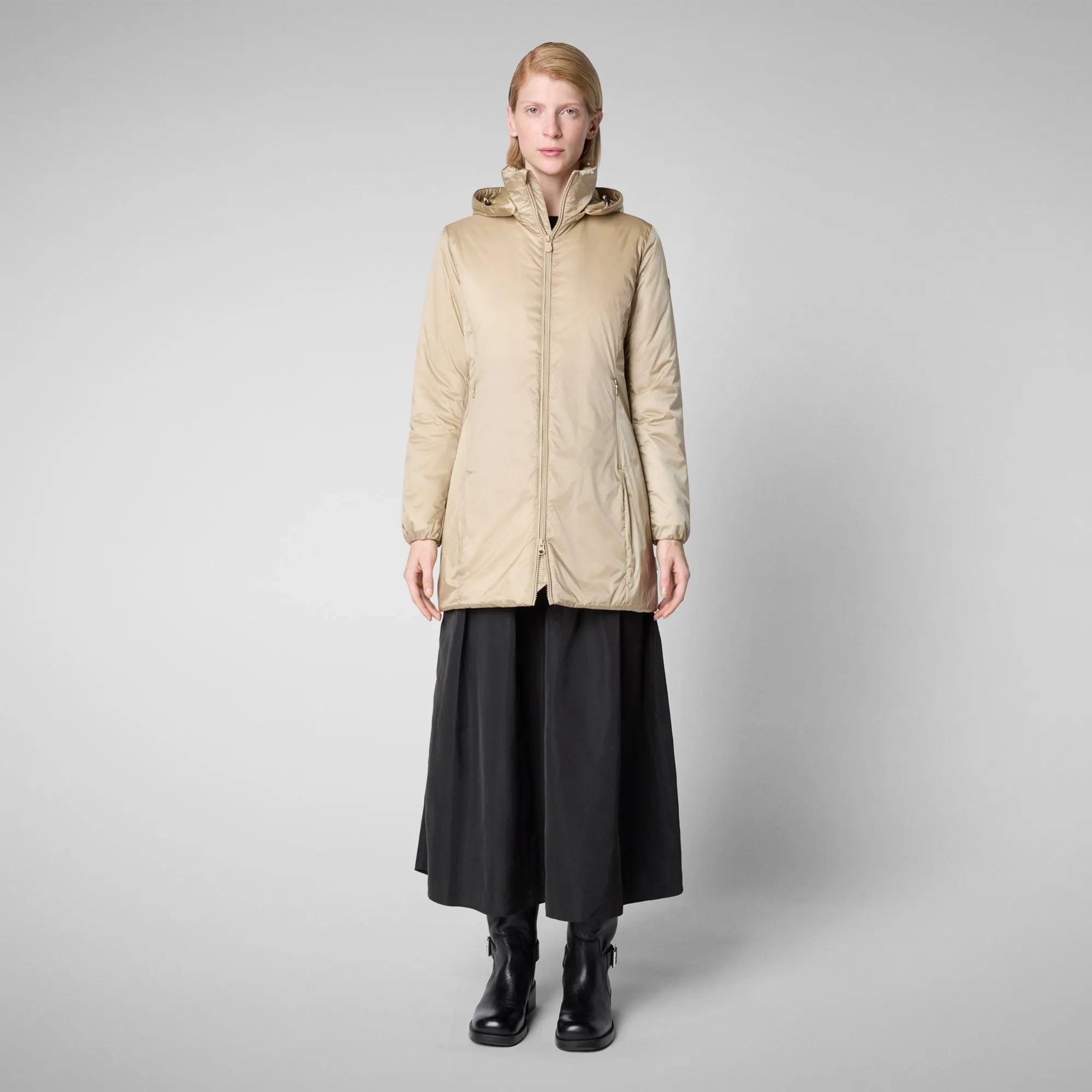 Woman's hooded coat Rhia in wood beige