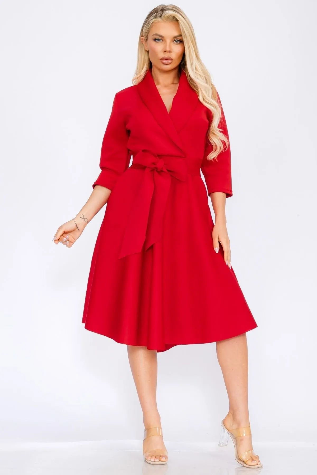 Women Elegant Front Wrap Dress with Tie Waist and Pockets