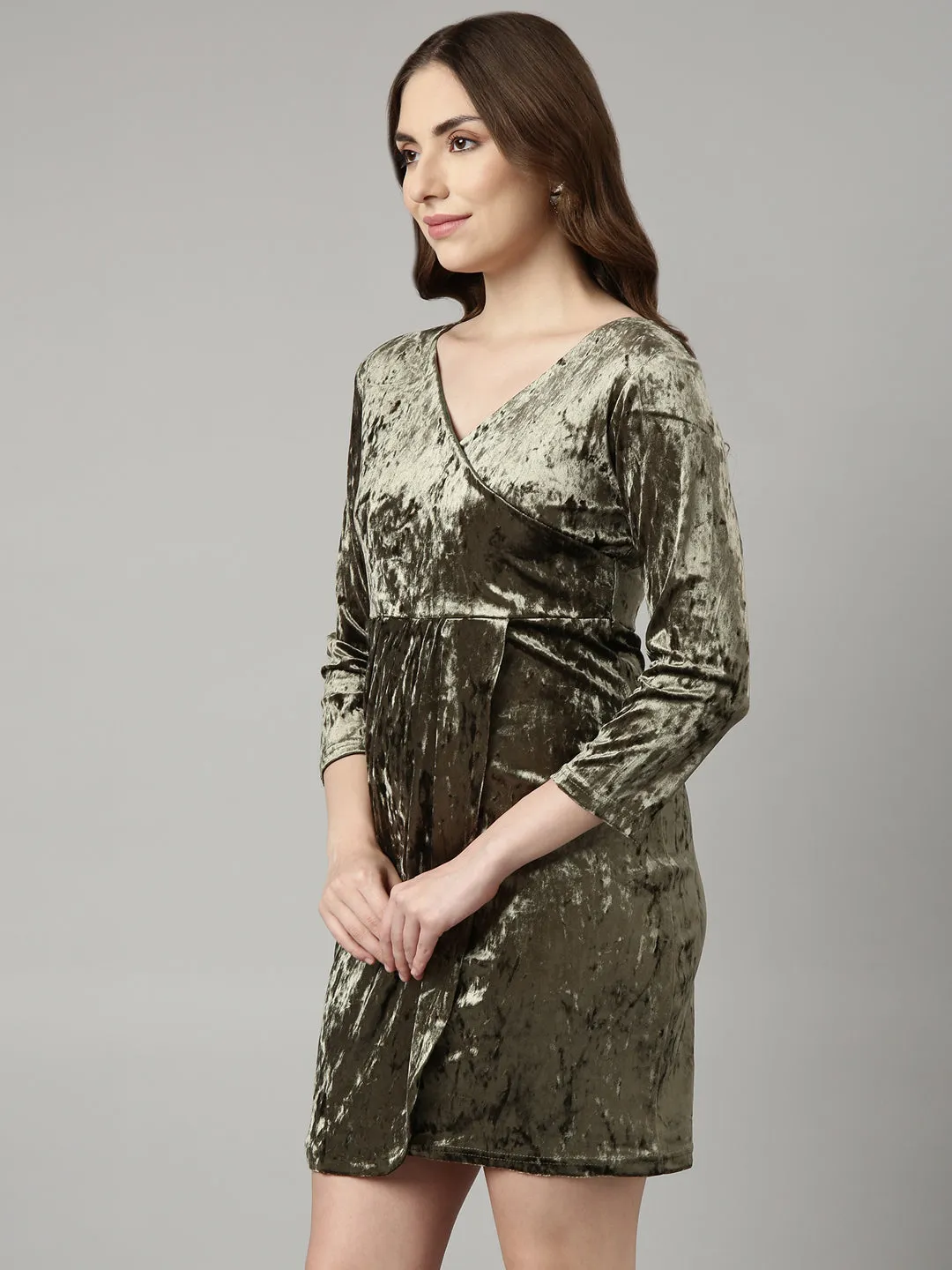 Women Olive Solid Wrap Dress