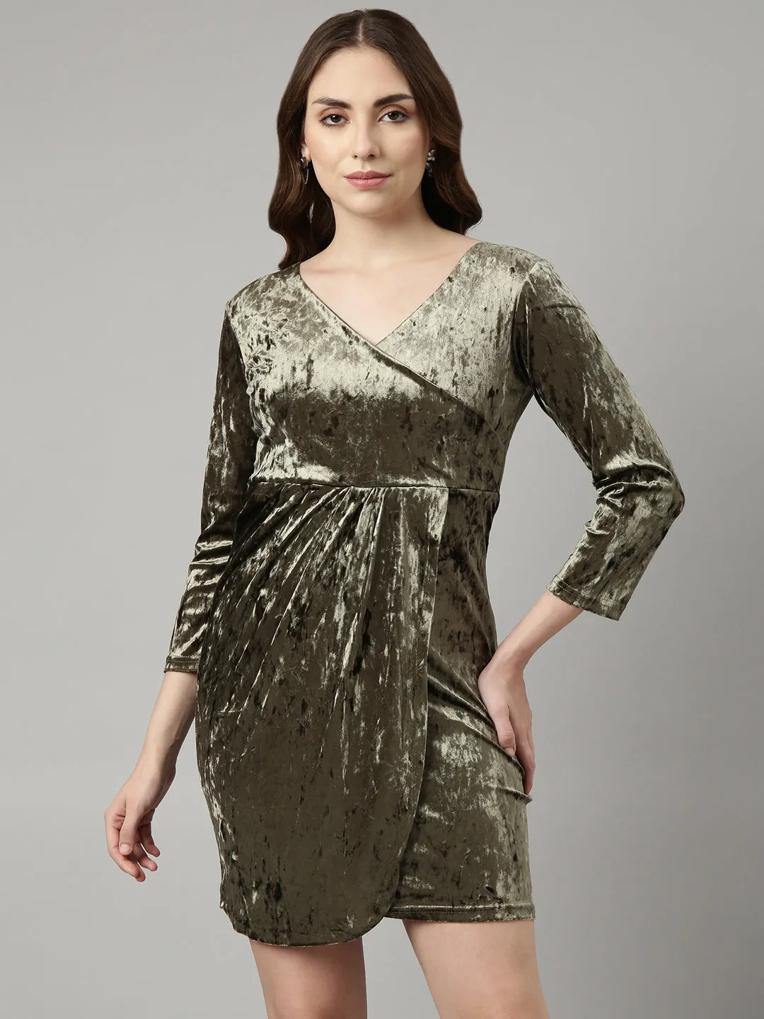 Women Olive Solid Wrap Dress