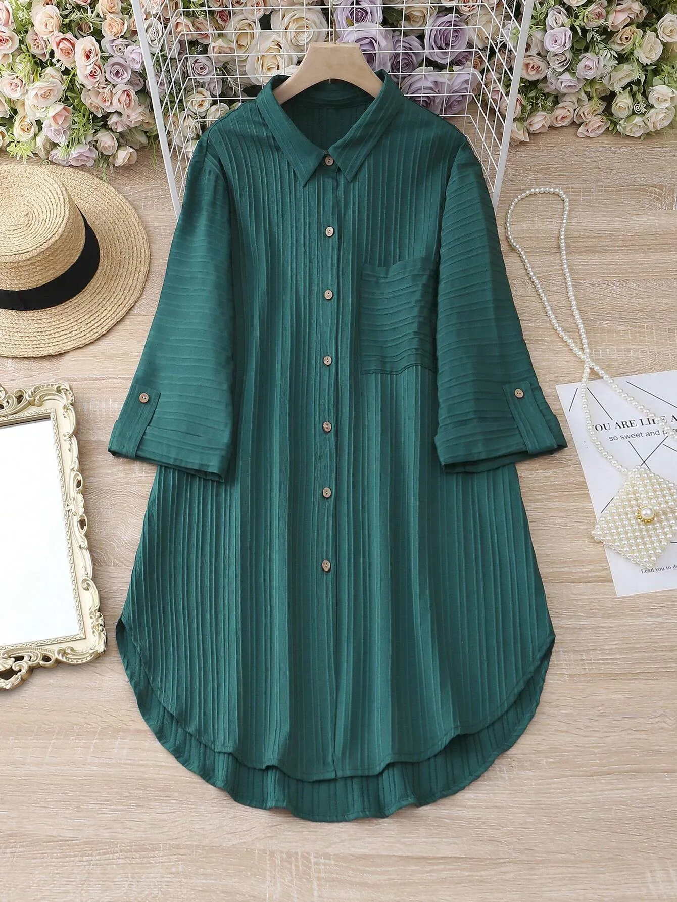 Women Striped Roll-Up Sleeves Shirt Dress