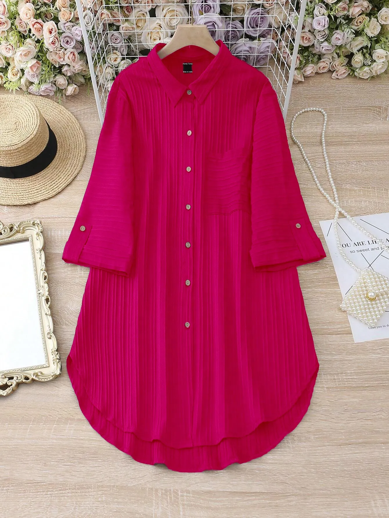 Women Striped Roll-Up Sleeves Shirt Dress