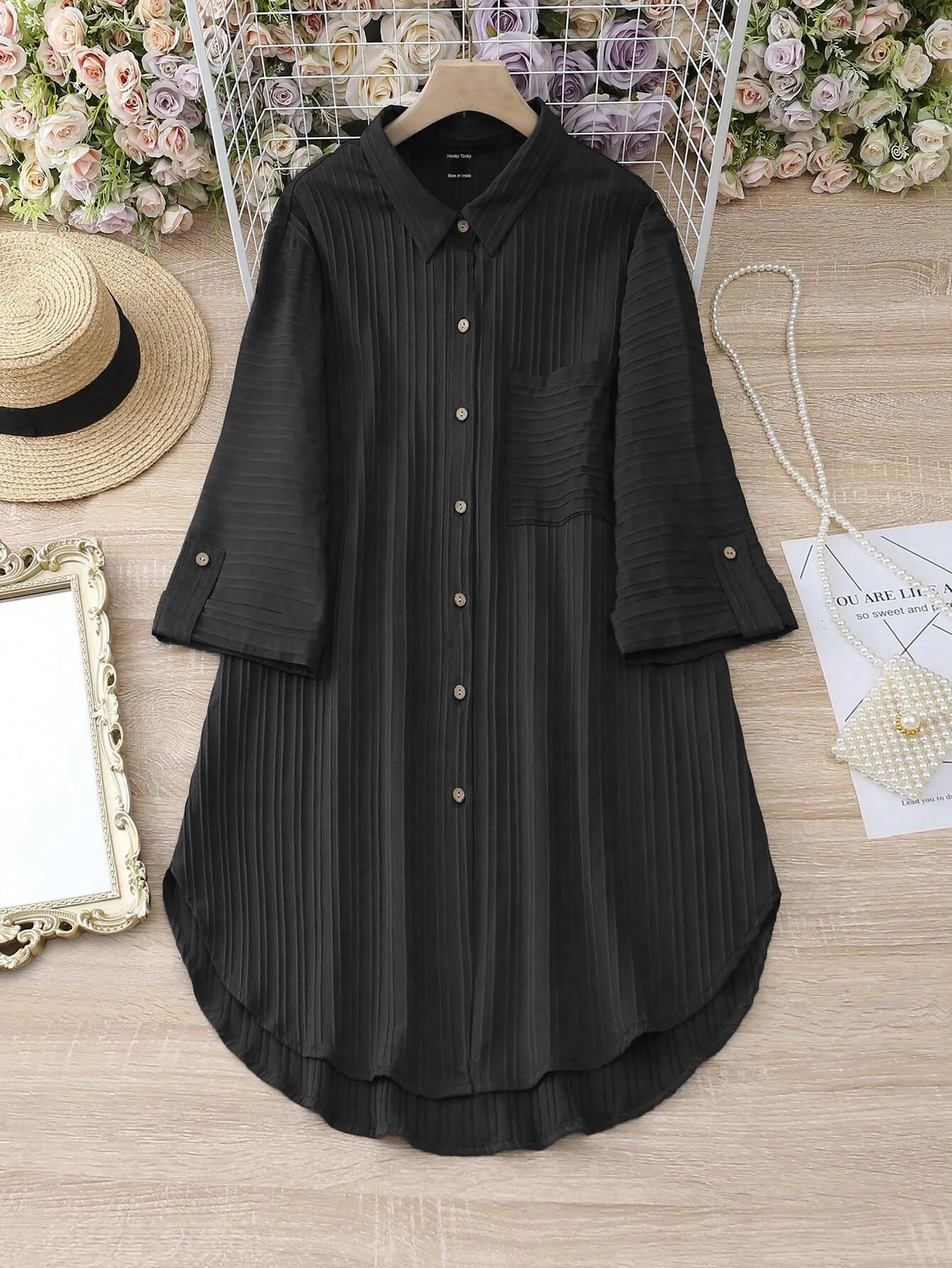 Women Striped Roll-Up Sleeves Shirt Dress