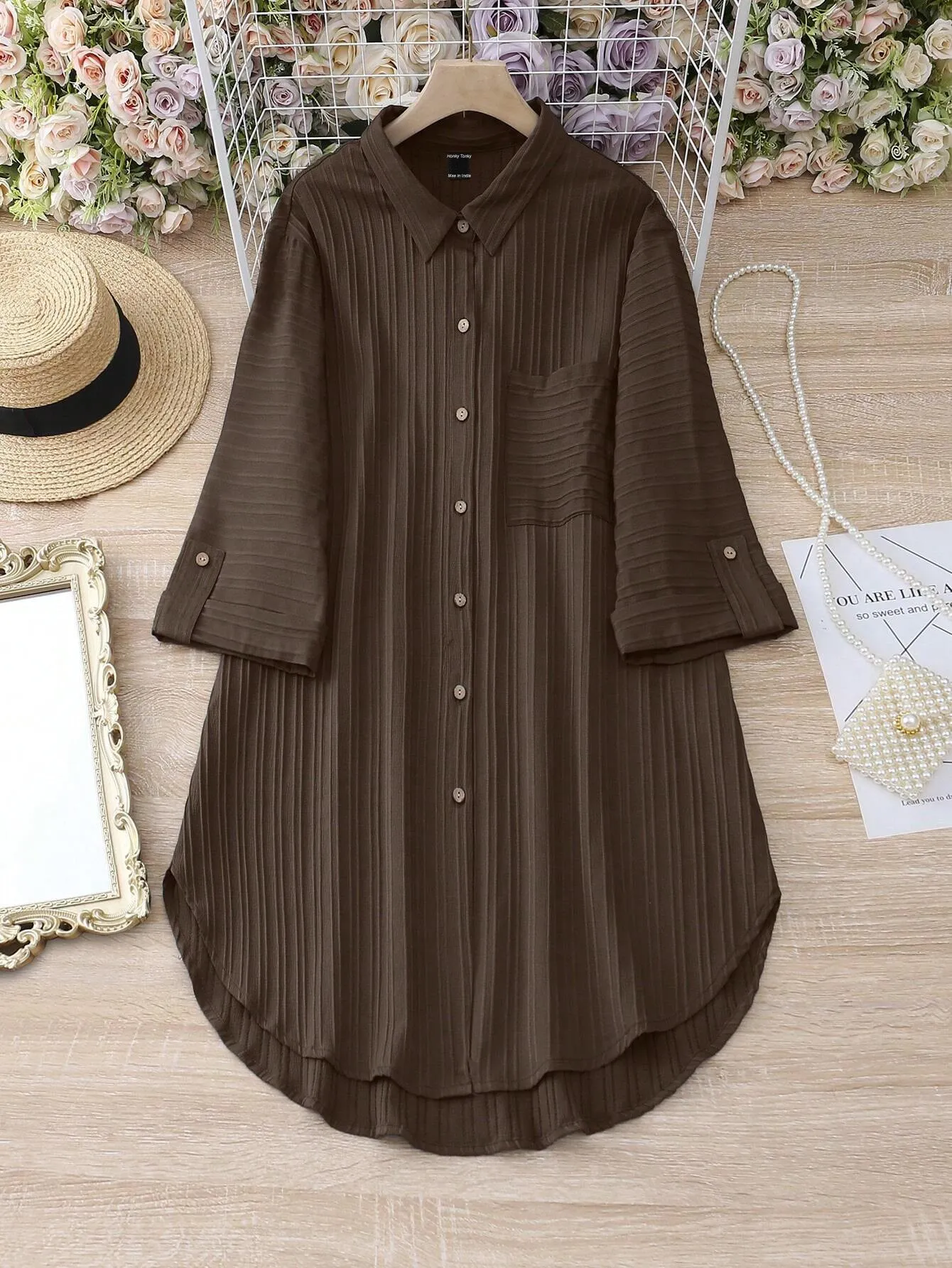 Women Striped Roll-Up Sleeves Shirt Dress