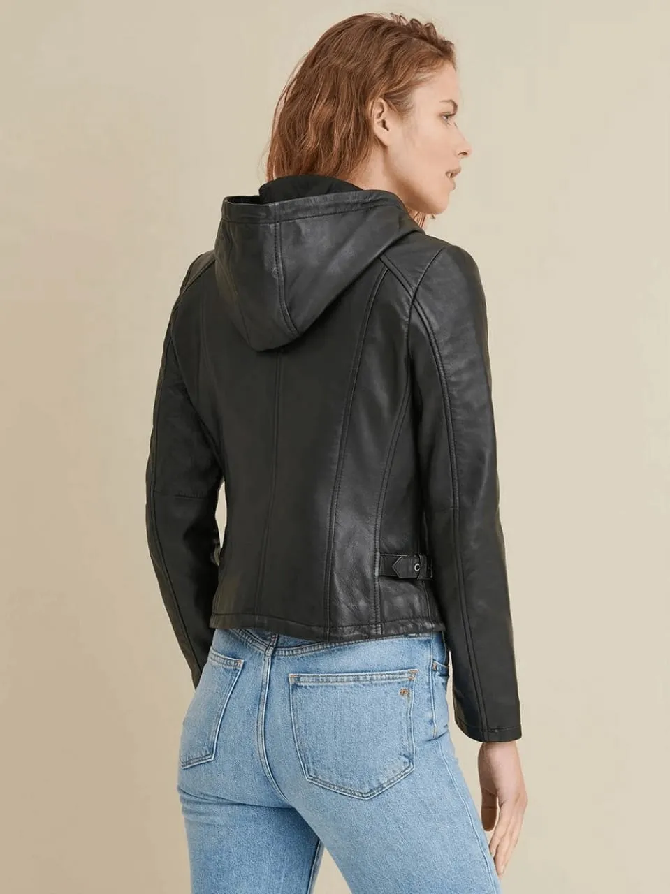 Women’s Black Leather Hooded Biker Jacket