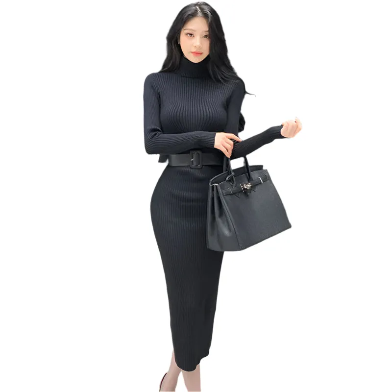 Women's Bodycon Knitted Turtleneck Sweater Dress – Soft Elastic, Belted, Perfect for Autumn & Winter Parties