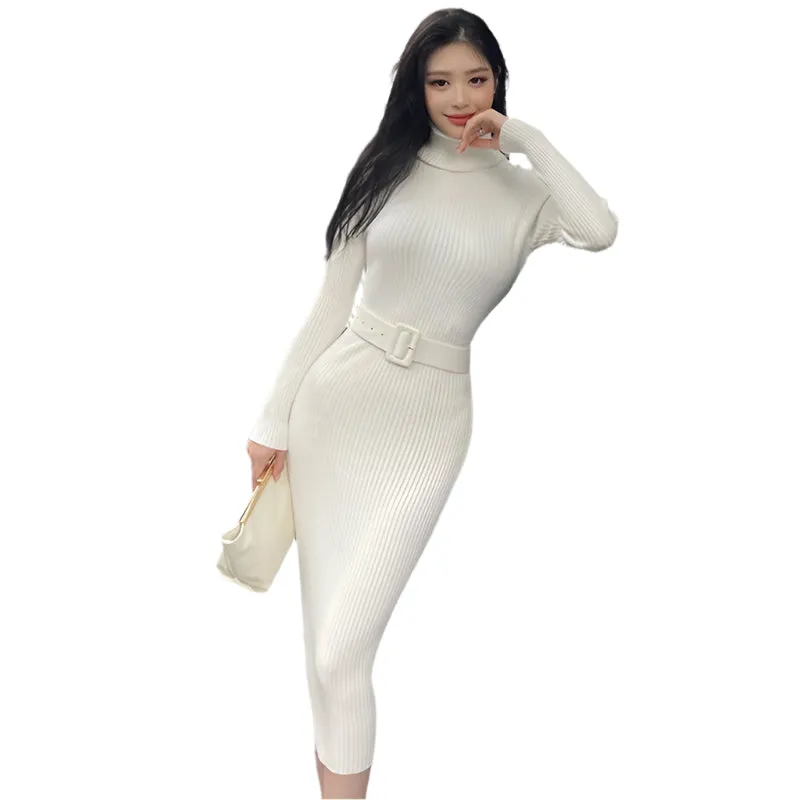 Women's Bodycon Knitted Turtleneck Sweater Dress – Soft Elastic, Belted, Perfect for Autumn & Winter Parties