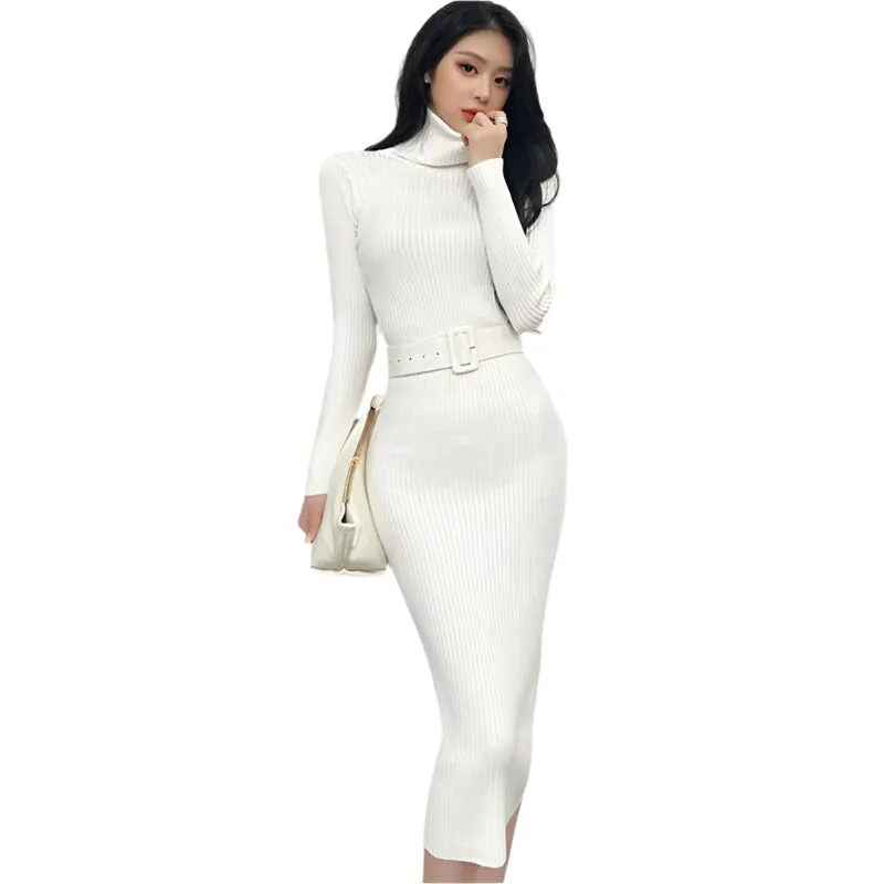 Women's Bodycon Knitted Turtleneck Sweater Dress – Soft Elastic, Belted, Perfect for Autumn & Winter Parties