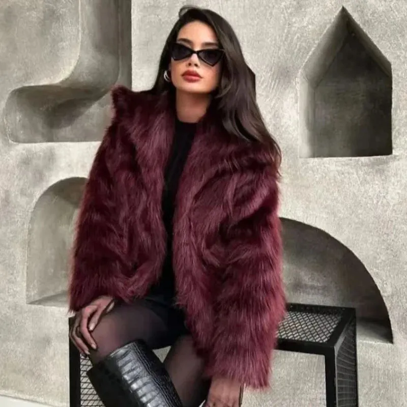 Women's Burgundy Fur Crop Long Sleeve Plush Jacket