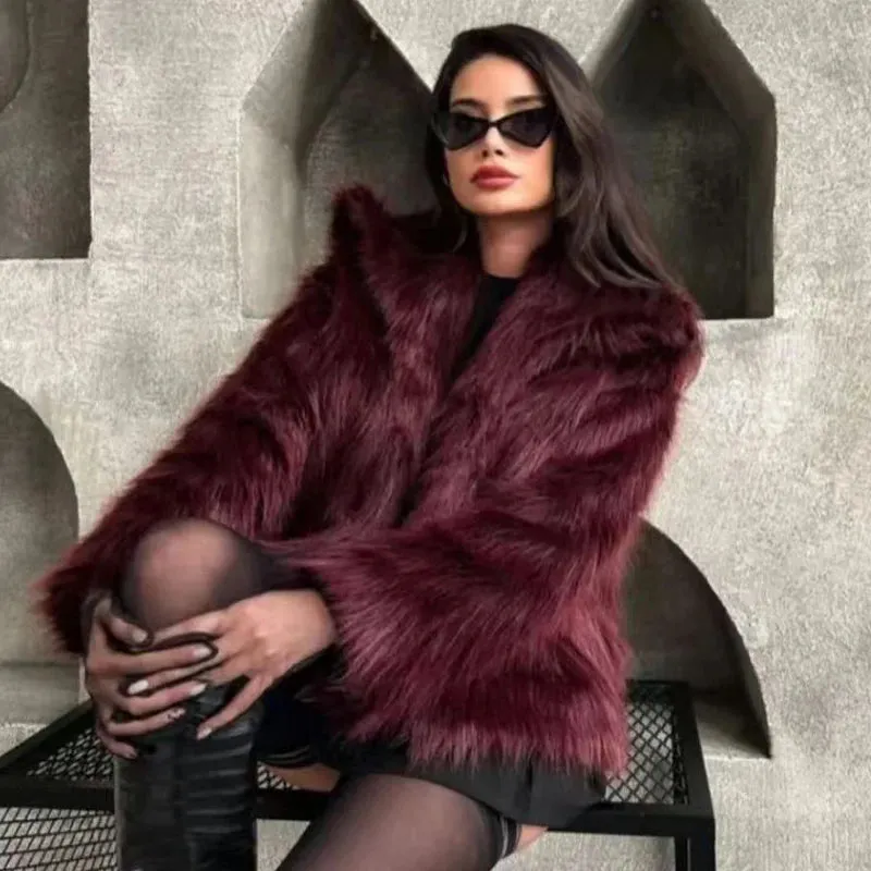 Women's Burgundy Fur Crop Long Sleeve Plush Jacket