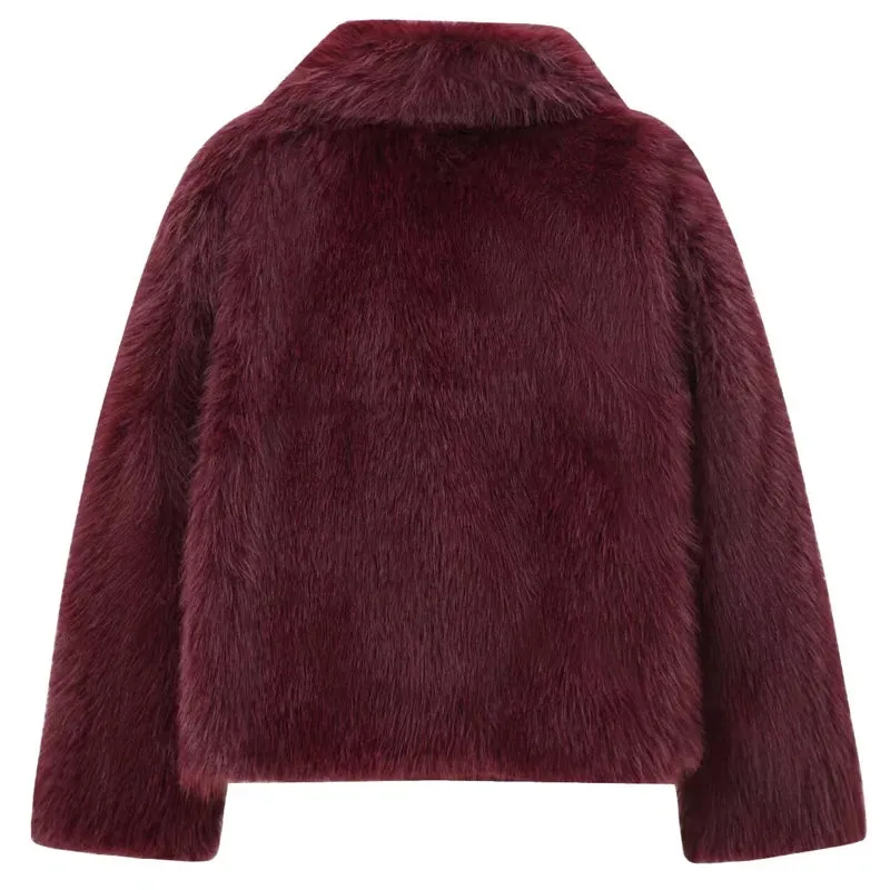 Women's Burgundy Fur Crop Long Sleeve Plush Jacket