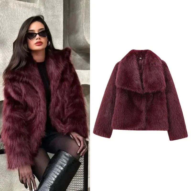 Women's Burgundy Fur Crop Long Sleeve Plush Jacket