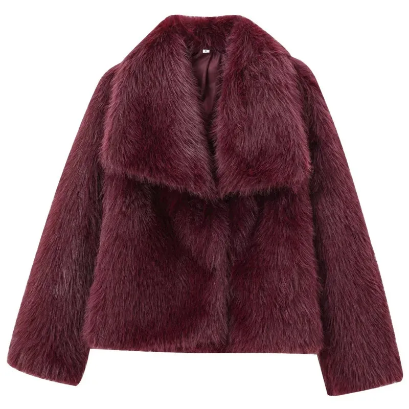 Women's Burgundy Fur Crop Long Sleeve Plush Jacket