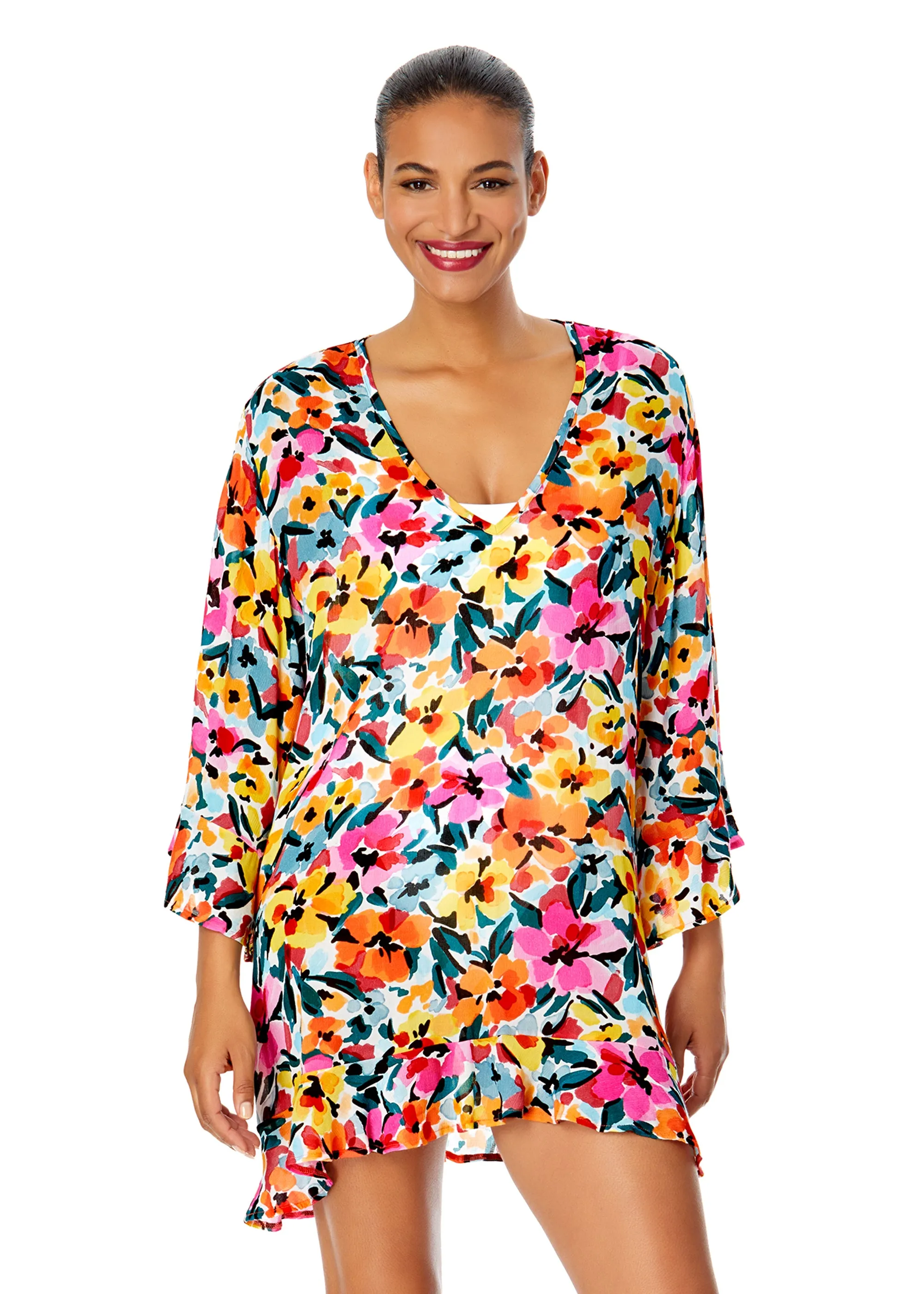 Women's Gradient Floral Flounce V Neck Tunic Swimsuit Cover Up