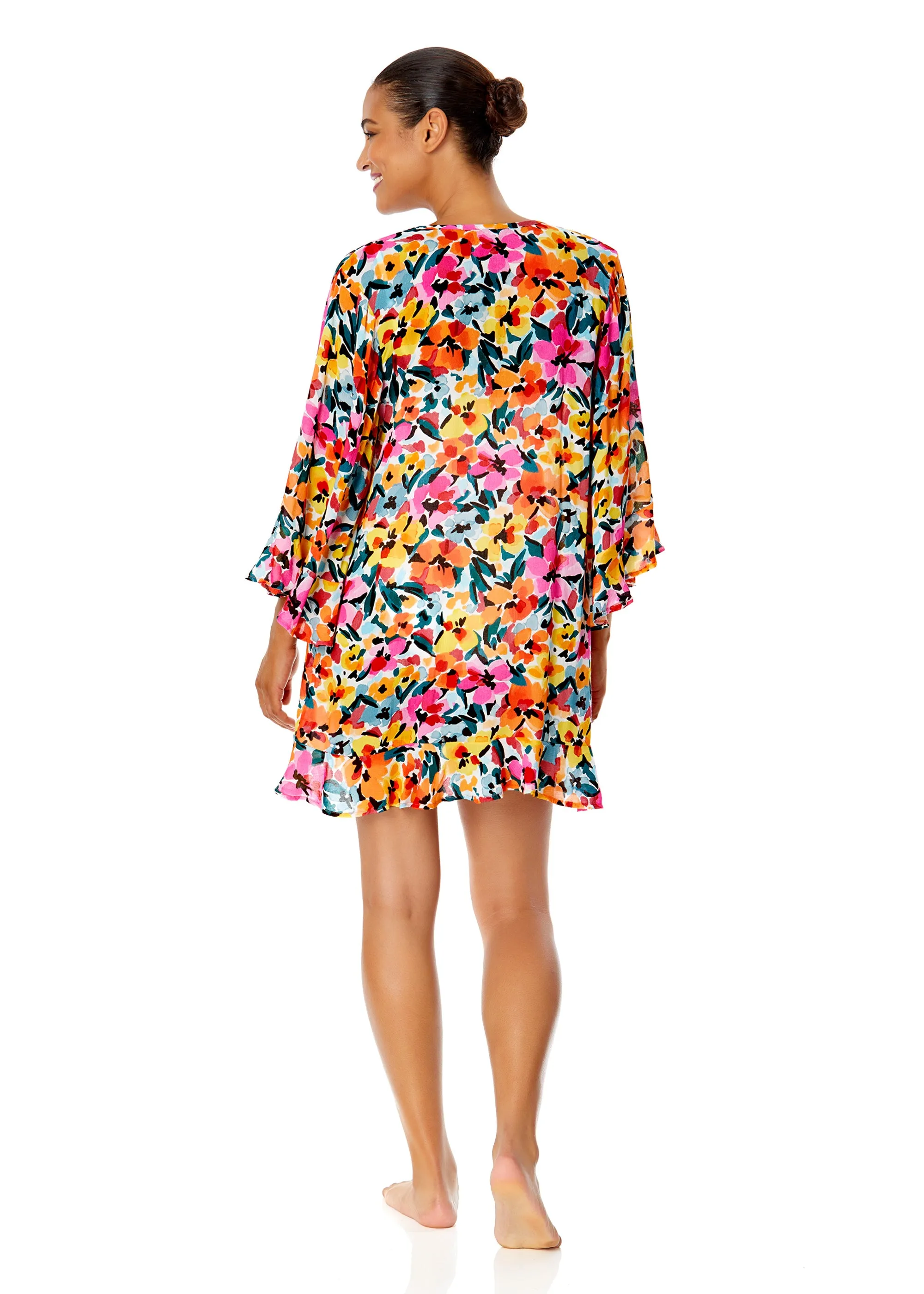 Women's Gradient Floral Flounce V Neck Tunic Swimsuit Cover Up