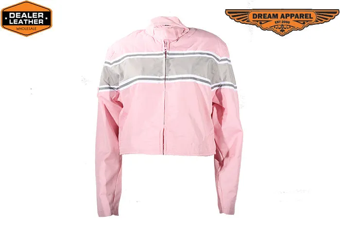 Women's Light Pink Lightweight Racer Style Textile Jacket W/ Thick White Stripe