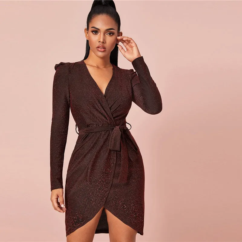 Women's Spring Sheath V-Neck Mini Dress With Belt