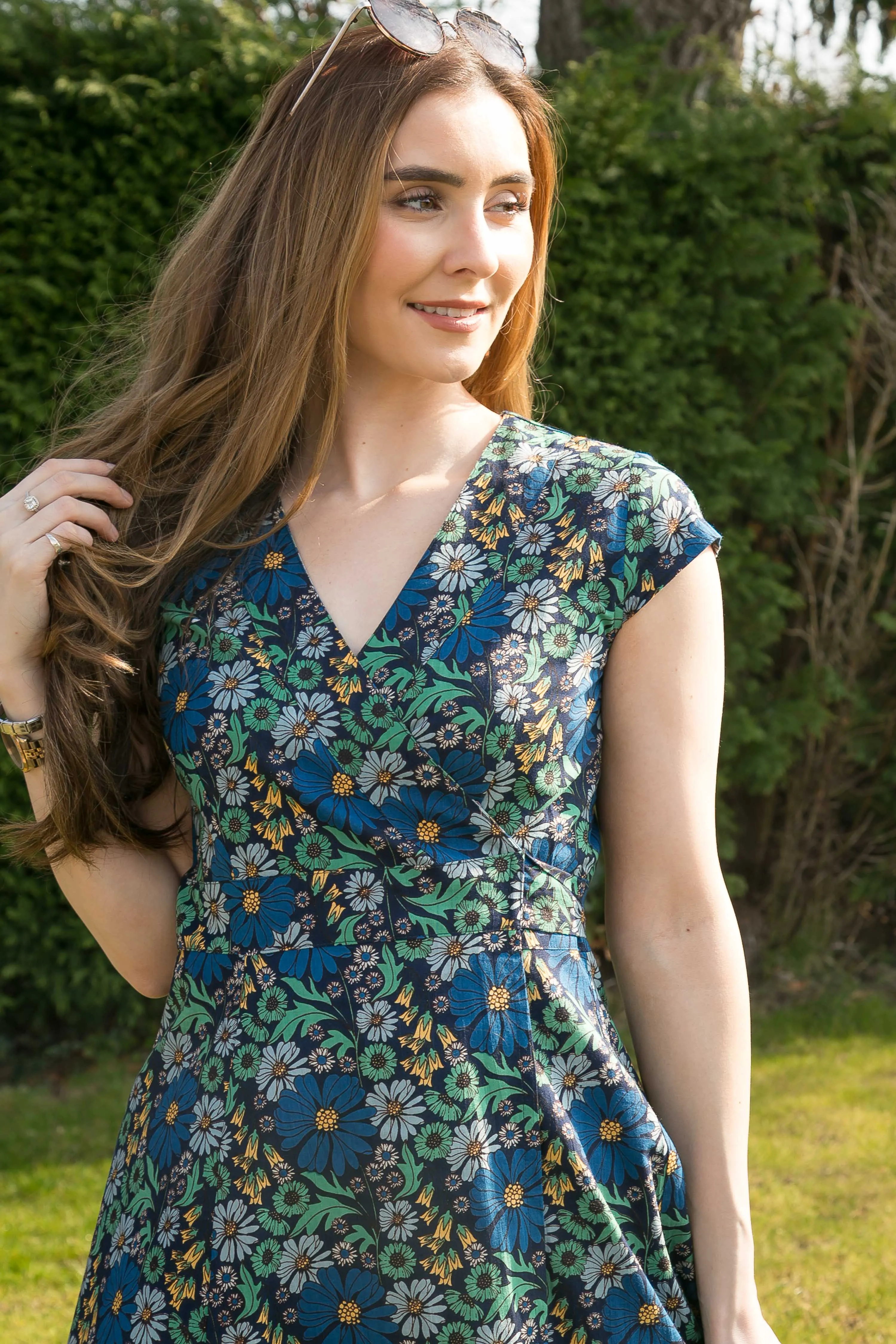 Wrap Cotton Dress Green Blue Floral Print