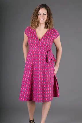 Wrap Cotton Dress Pink Geometric Print