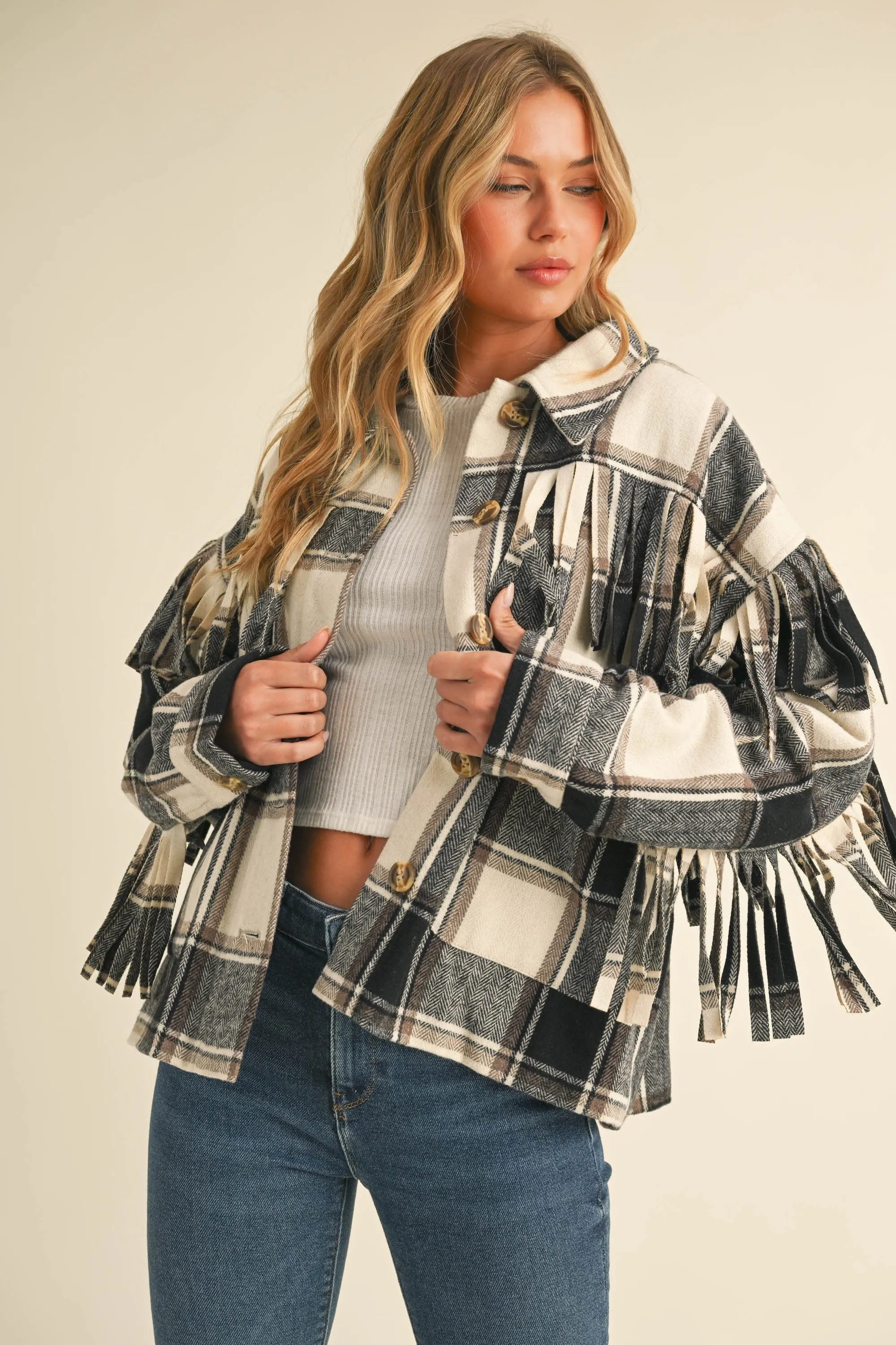 Wynter Wool Fringed Detail Plaid Jacket