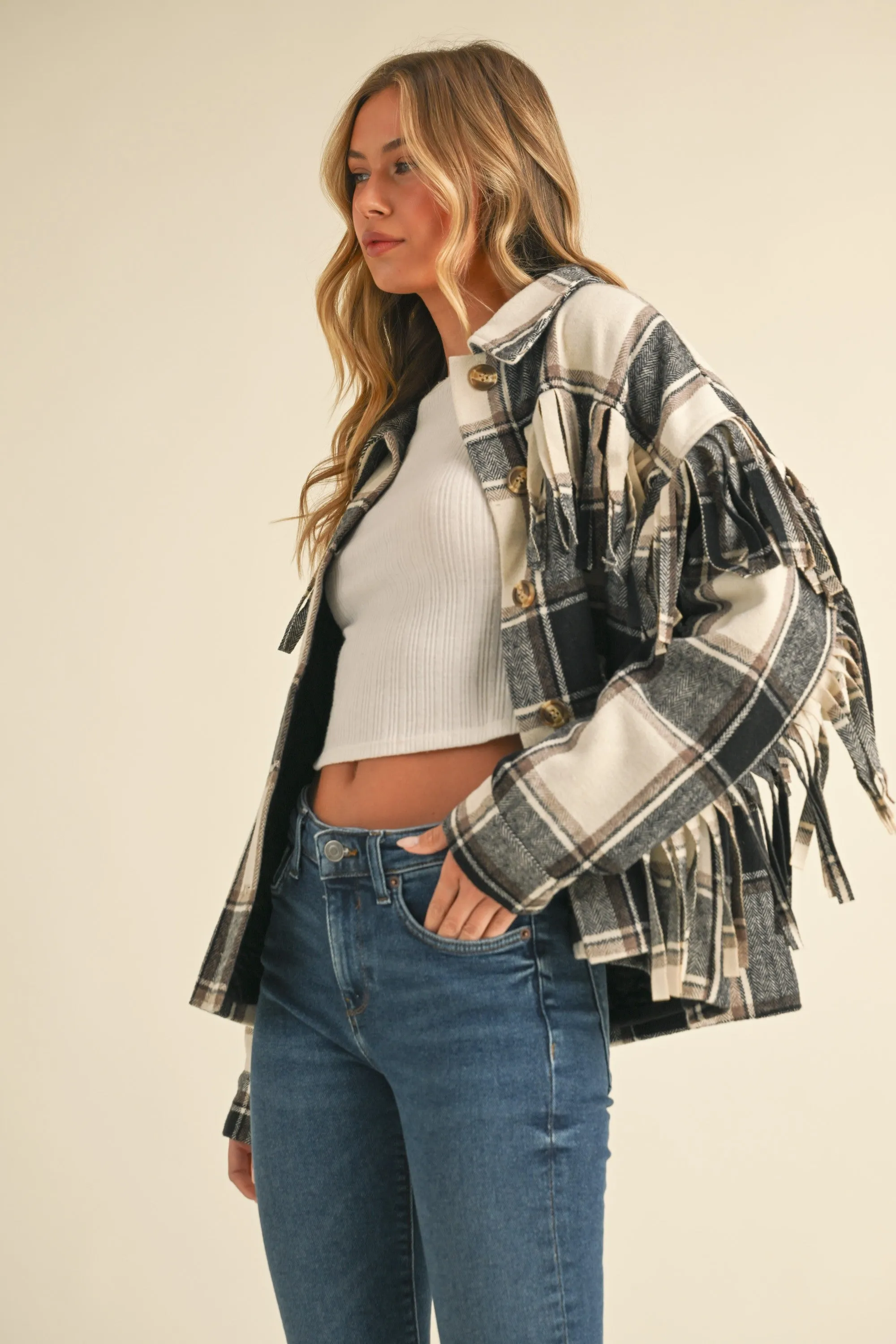 Wynter Wool Fringed Detail Plaid Jacket