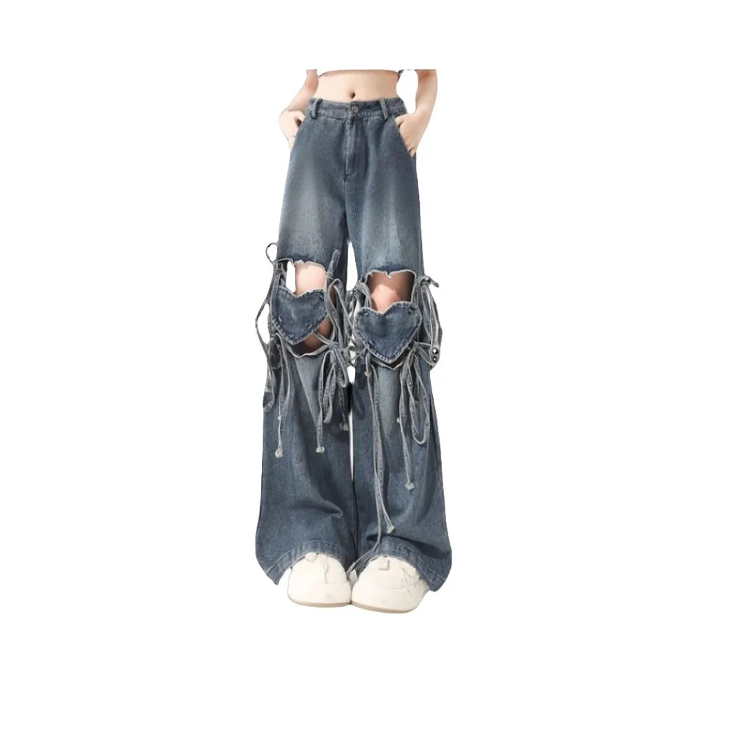 Y2K Heart Knee Holes Wide Alt Aesthetic Jeans