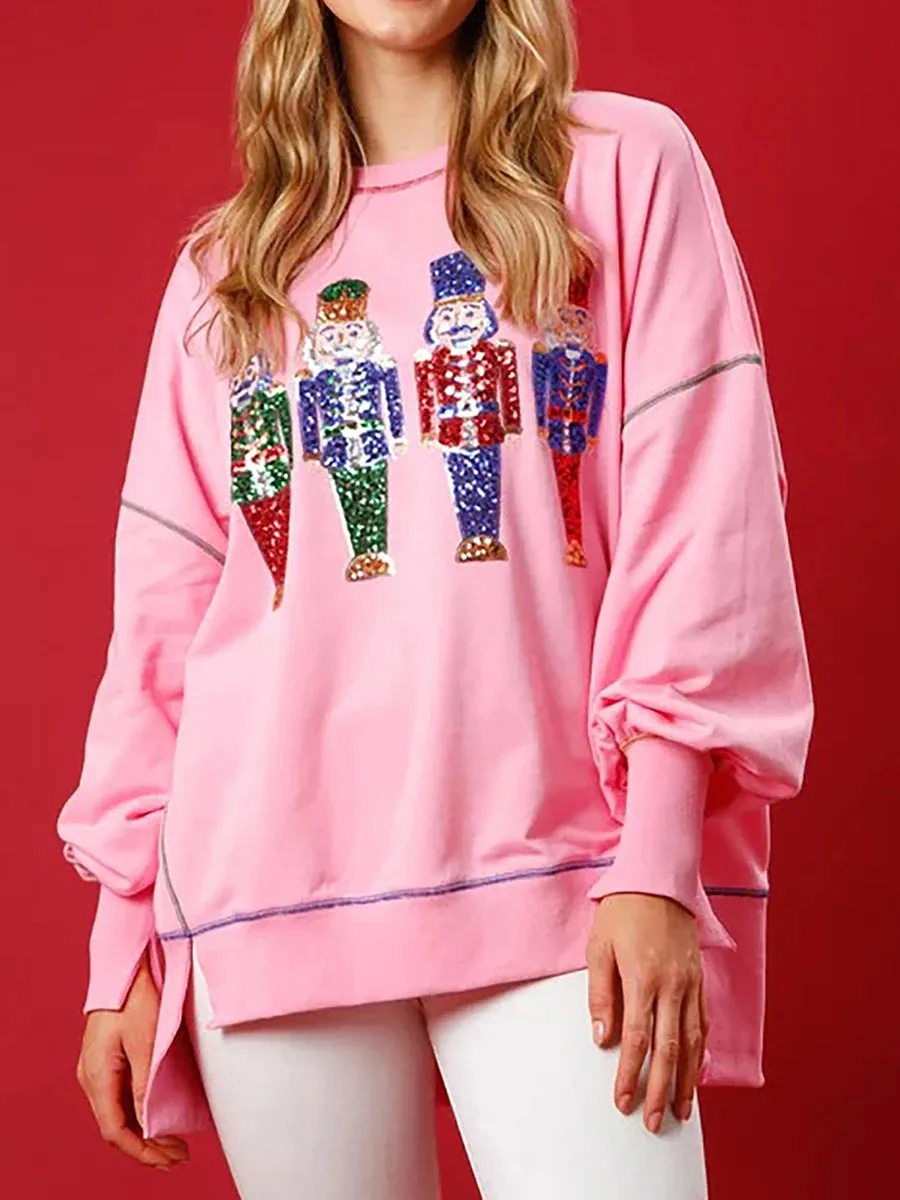 Y2K Nutcracker Sequin Long Sleeve Crewneck Christmas Hoodie