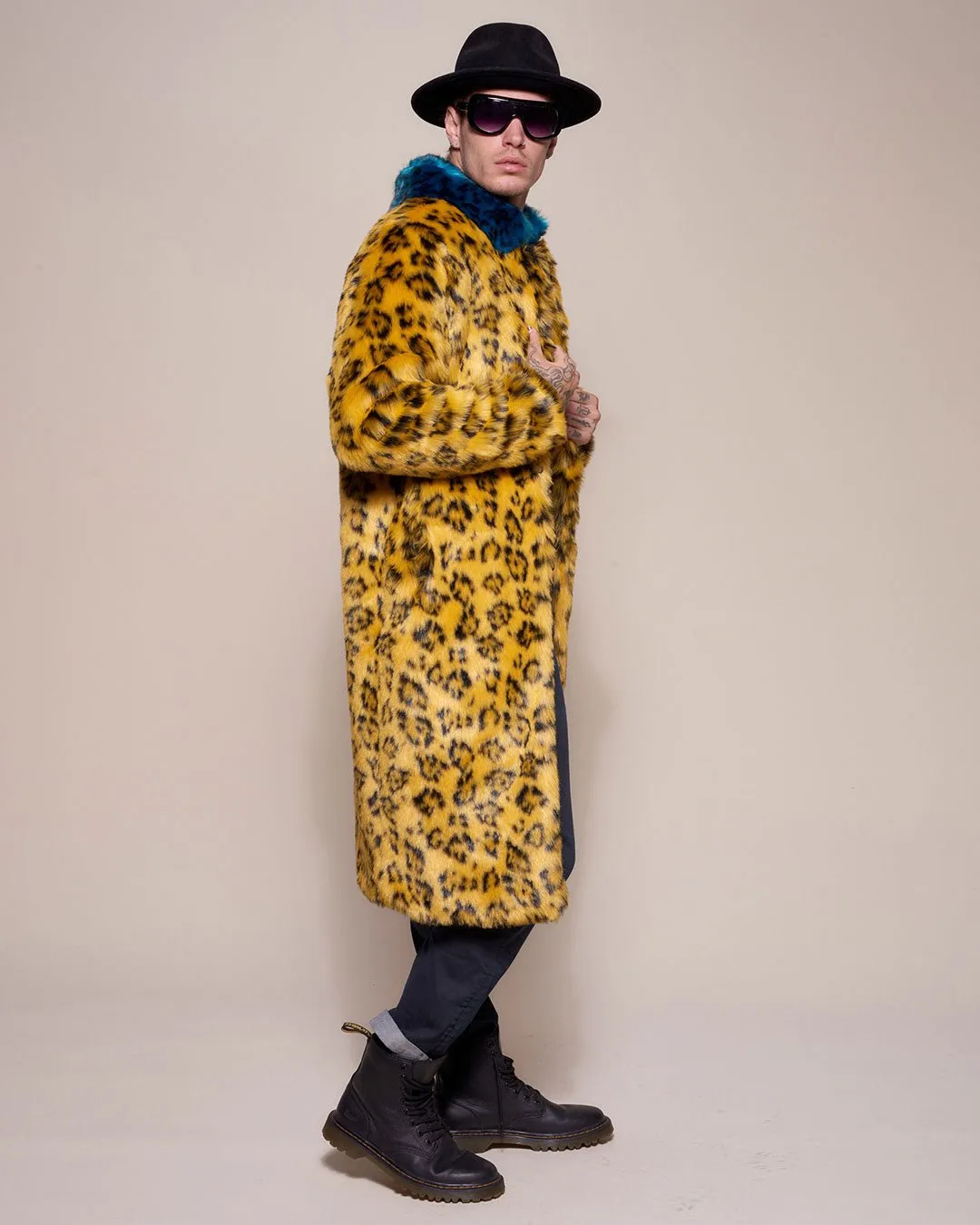 Yellow Cheetah Calf Length Faux Fur Coat | Men's