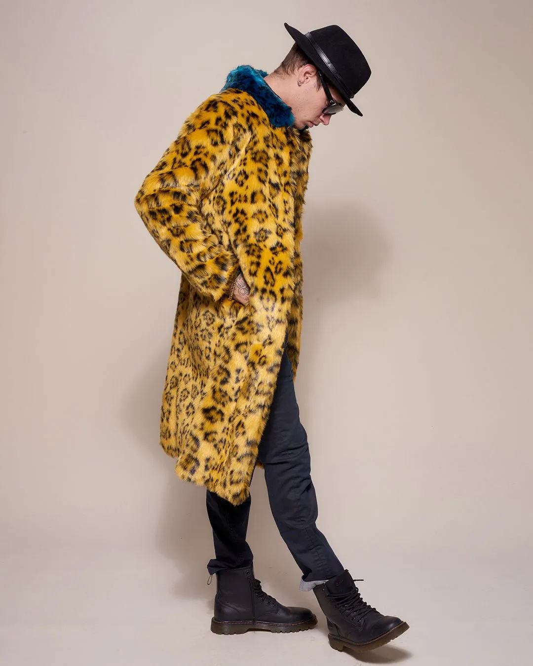 Yellow Cheetah Calf Length Faux Fur Coat | Men's