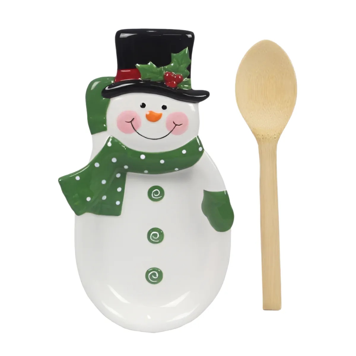 Young's Inc. Ceramic Winter Whimsy Snowman Spoon Rest with Wood Spoon