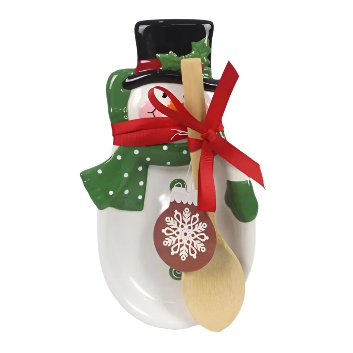 Young's Inc. Ceramic Winter Whimsy Snowman Spoon Rest with Wood Spoon